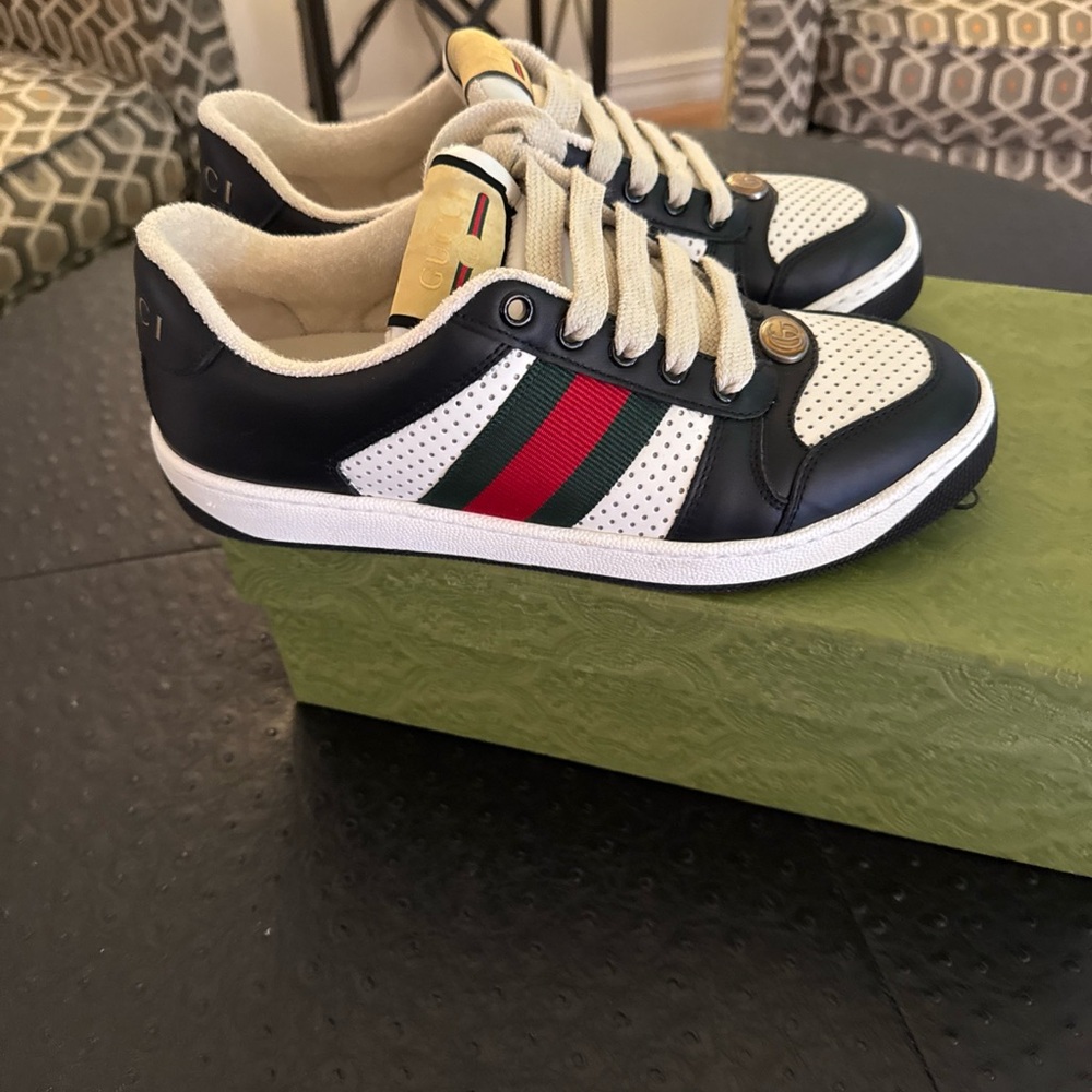 Women’s Gucci Sneakers with Black, White, Red, and Green Stripes